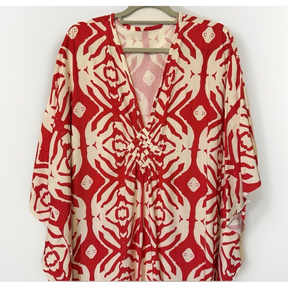 Mumu Mrs Roper Kaftan Maxi Dress Red White Viscose Boho Beach Cover Up OSFM